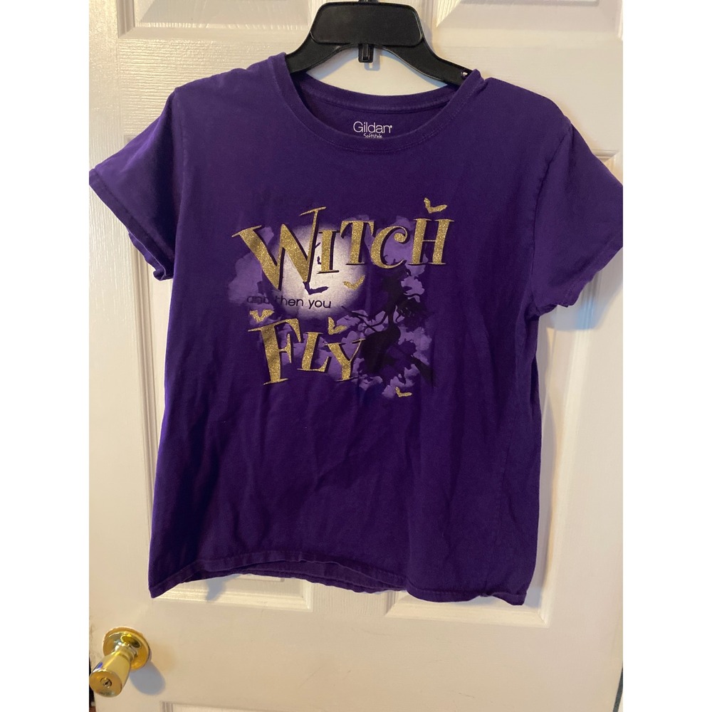 Gildan Softstyle Womens Witch And Then You Fly Purple Halloween Graphic Tee L